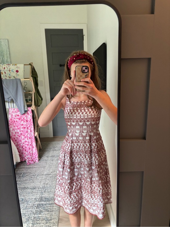 ANTONIO MELANI Dresses & Skirts - ANTONIO MELANI White Dress with Burgundy Geometric Print Trim